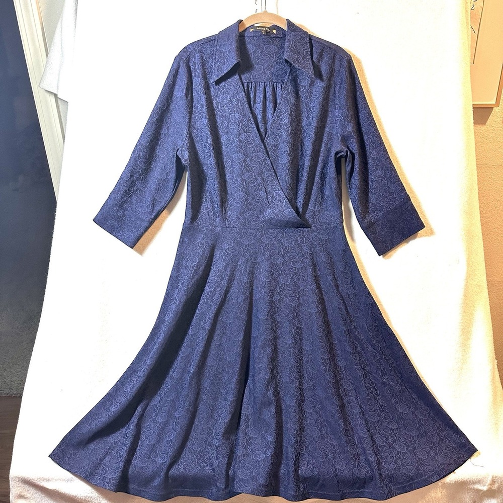 Miusol‎ Long Sleeve Blue Paisley Dress XL Collar Fit Flare 70s Style